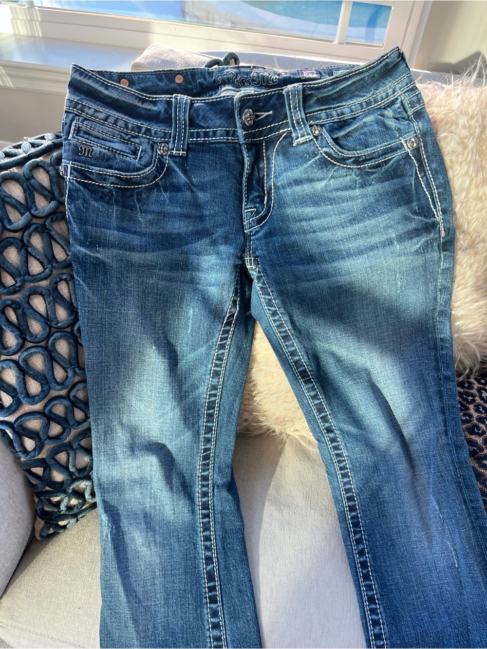 Miss Me Dark Indigo Boot-Cut Jeans with Faded Whiskering